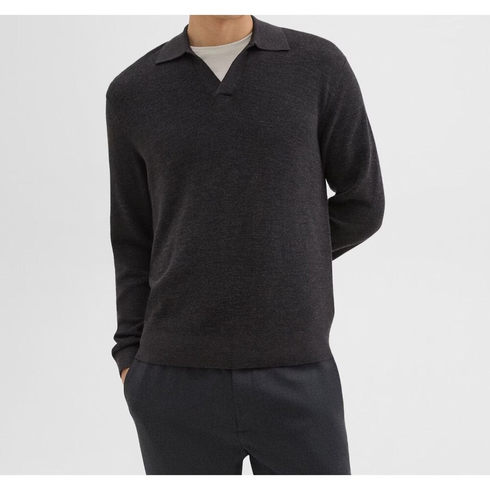Theory Sweater Mens XL Dark Grey Pullover Polo Johnny Collar Merino Wool $265